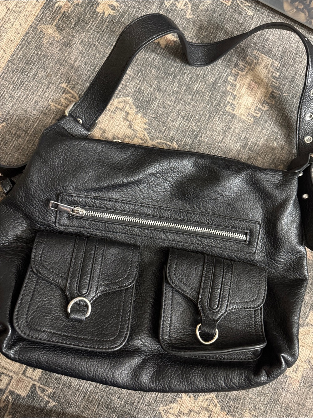 Black leather Bag with Front Pockets